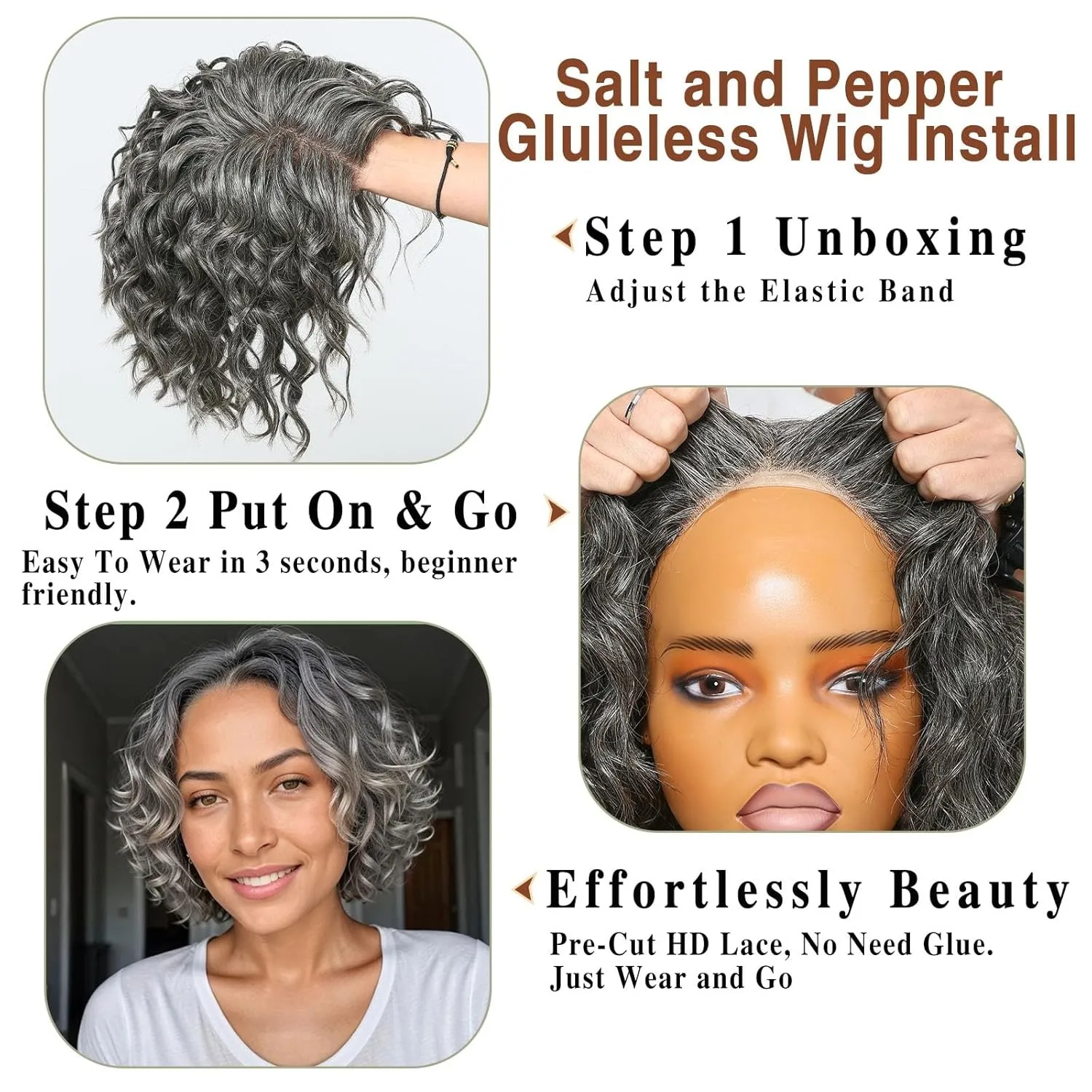 Wig Queen Stylish Salt & Pepper Wig Human Hair Water Wave Throw On & HD Curly Lace Closure Bob Wigs Pre-Cut Lace