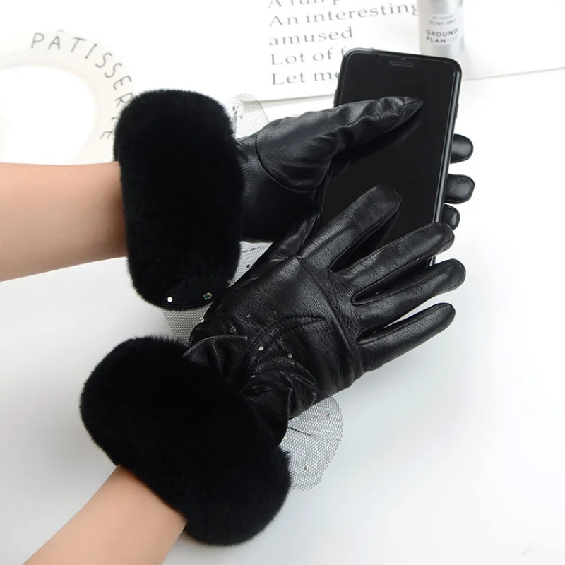 

Winter Warm Driving Leather Gloves Women's Real Sheepskin Fur Gloves Sheepskin Fashion Out All Finger Motorcycle Riding Gloves