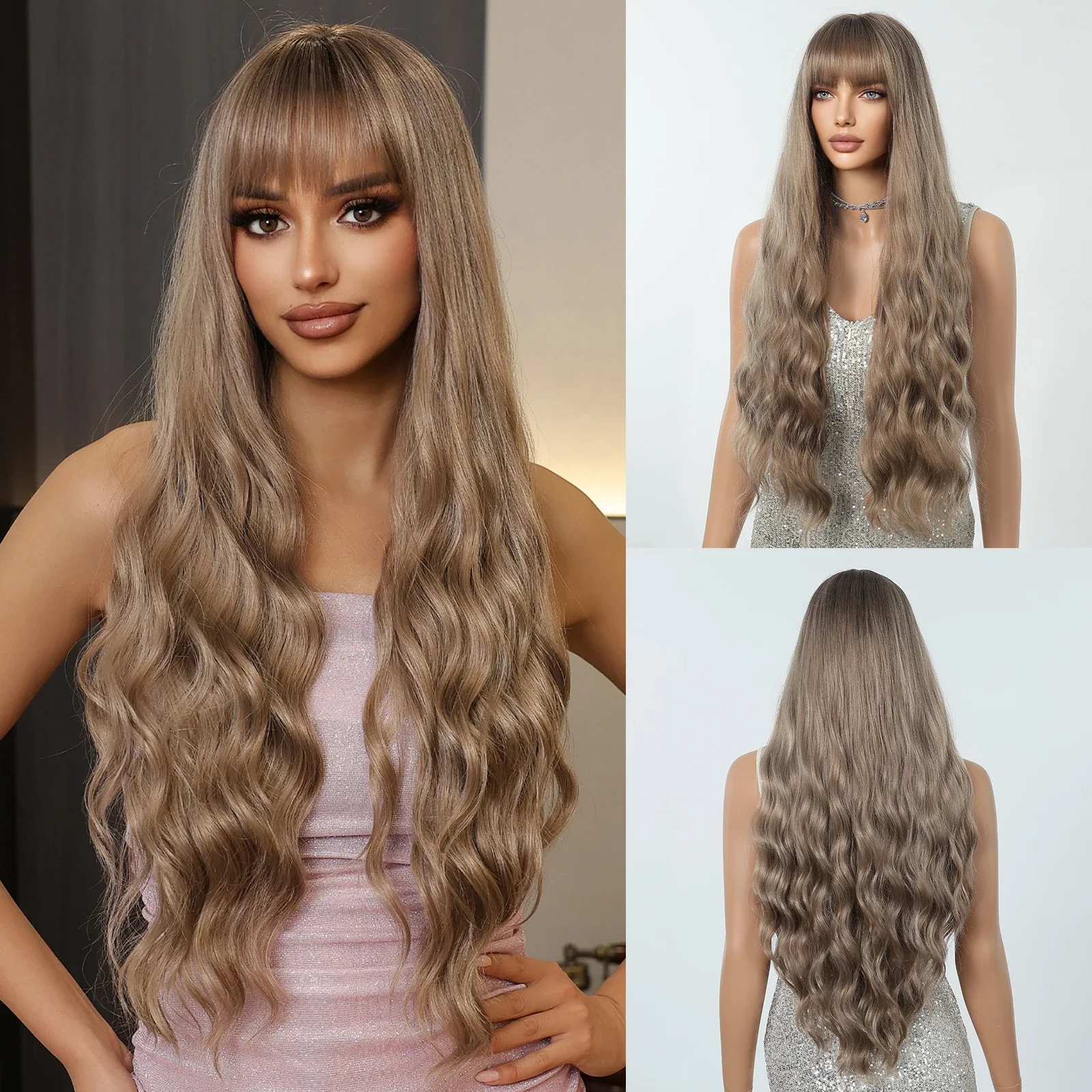 

Brown Synthetic Wigs with Bangs for Women Long Ombre Ash Brown Curly Wig Heat Resistant k Root Cosplay Daily Use Fake Hair