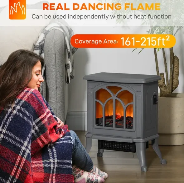 

Электрический каминный обогреватель HOMCOM, отдельно стоящая каминная печь с реалистичными бревнами и эффектом пламени, 750 Вт/1500 Вт, серый