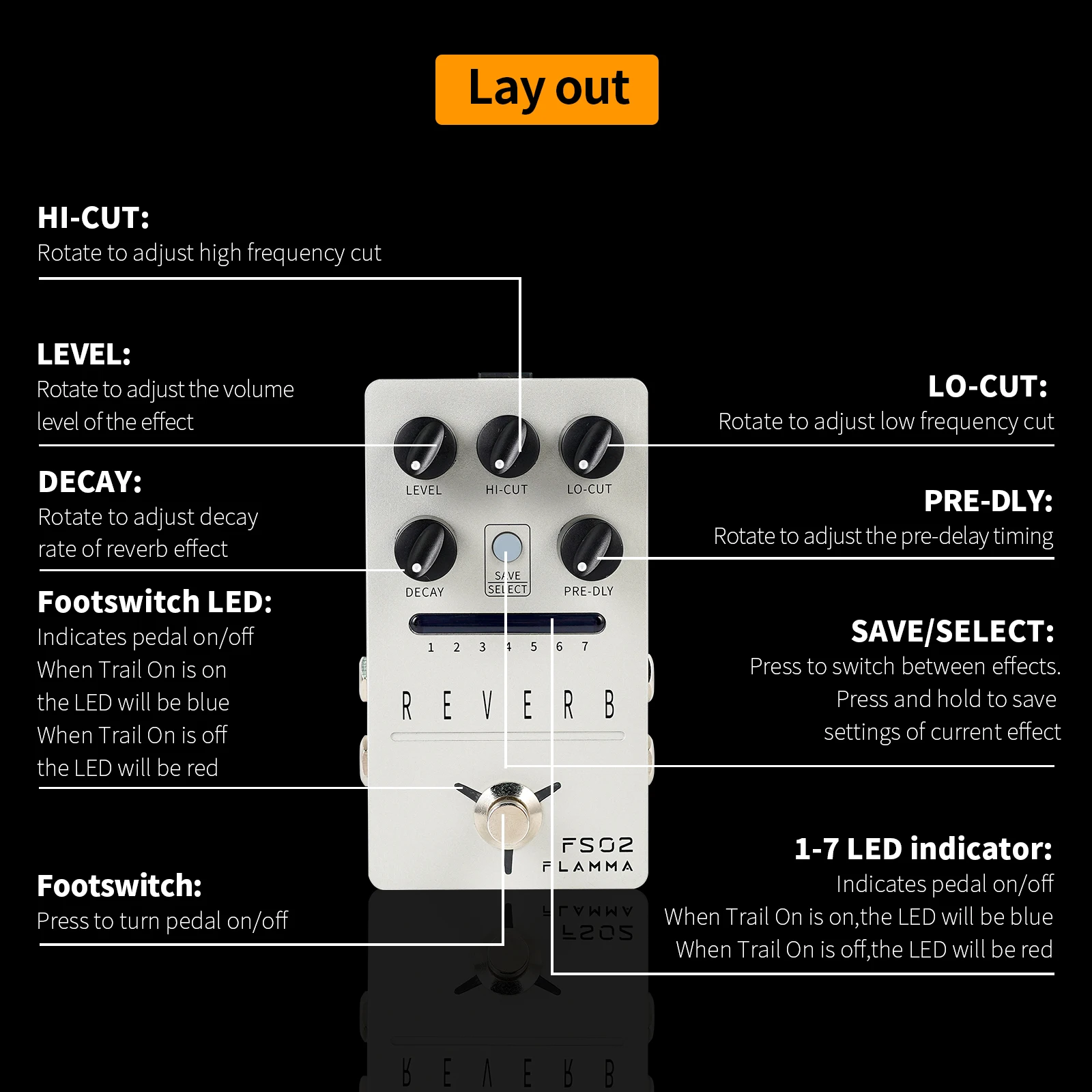 FLAMMA-Pedal de reverberación FS02 para guitarra eléctrica, Pedal de efectos estéreo con resorte de reverberación, True Bypass, almacenable,