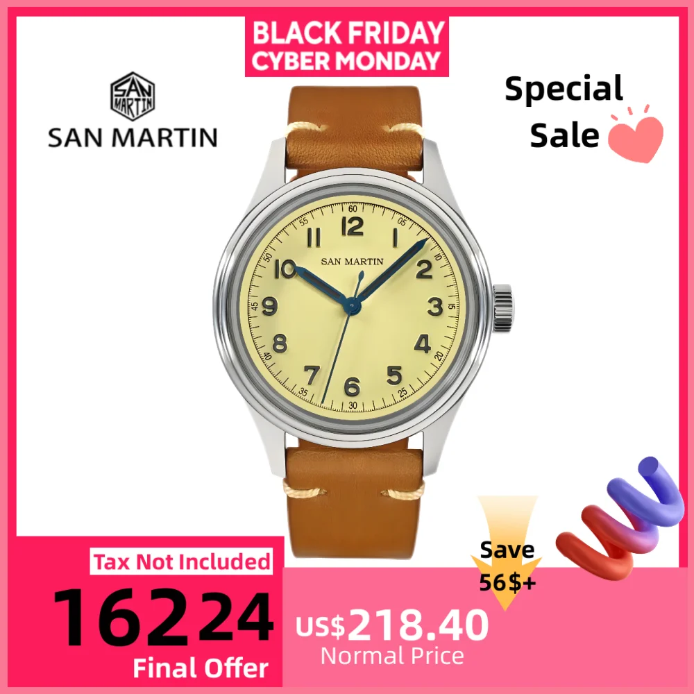 

San Martin 38,5 мм NH35 часы для мужчин пилот водонепроницаемые наручные часы ретро простая ниша BGW-9 светящийся сапфир 10 бар SN0108-2