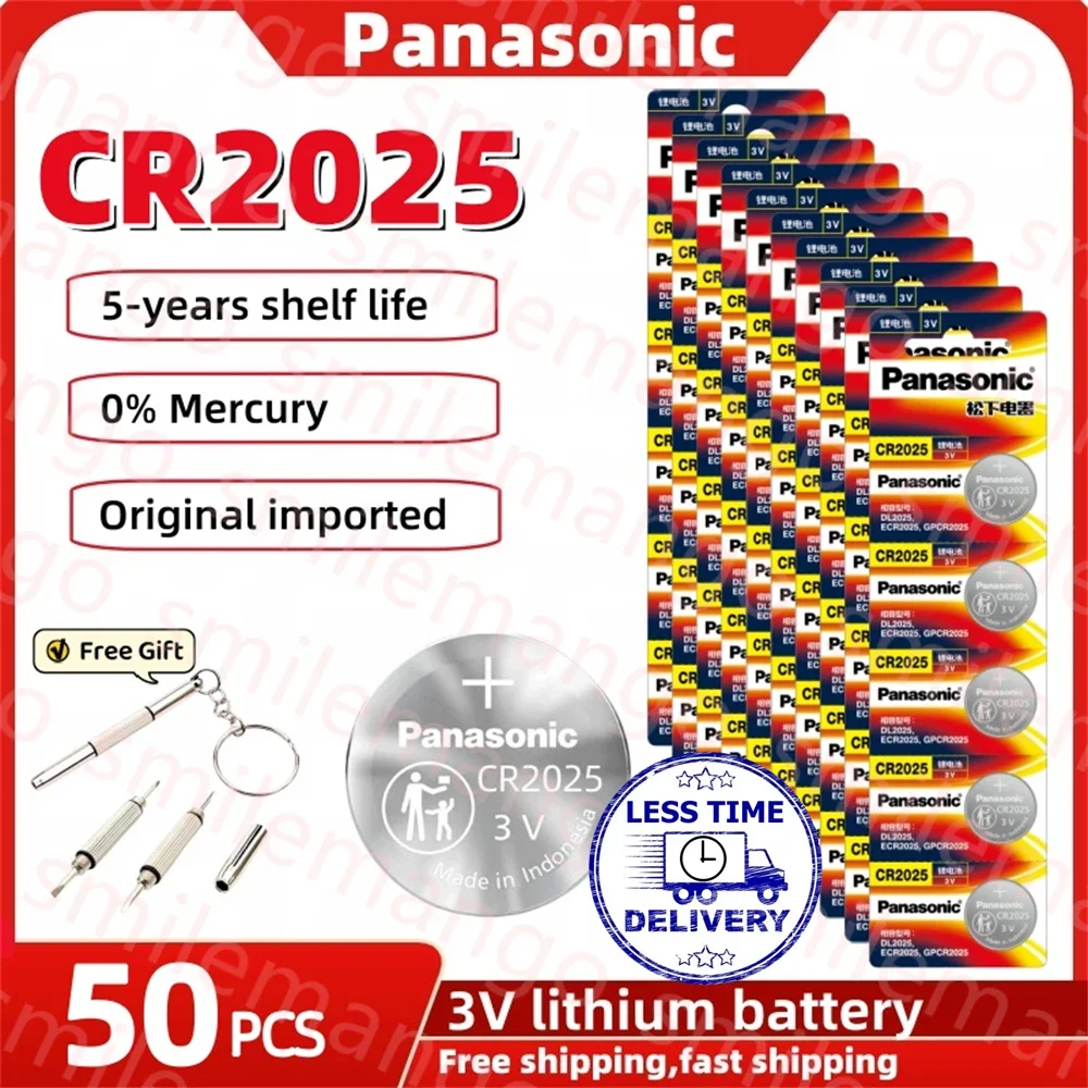 50PCS Panasonic CR2025 3V Lithium Button Battery DL2025 BR2025 5003LC Coin Cells for Watch Remote Control Calculator screwdriver