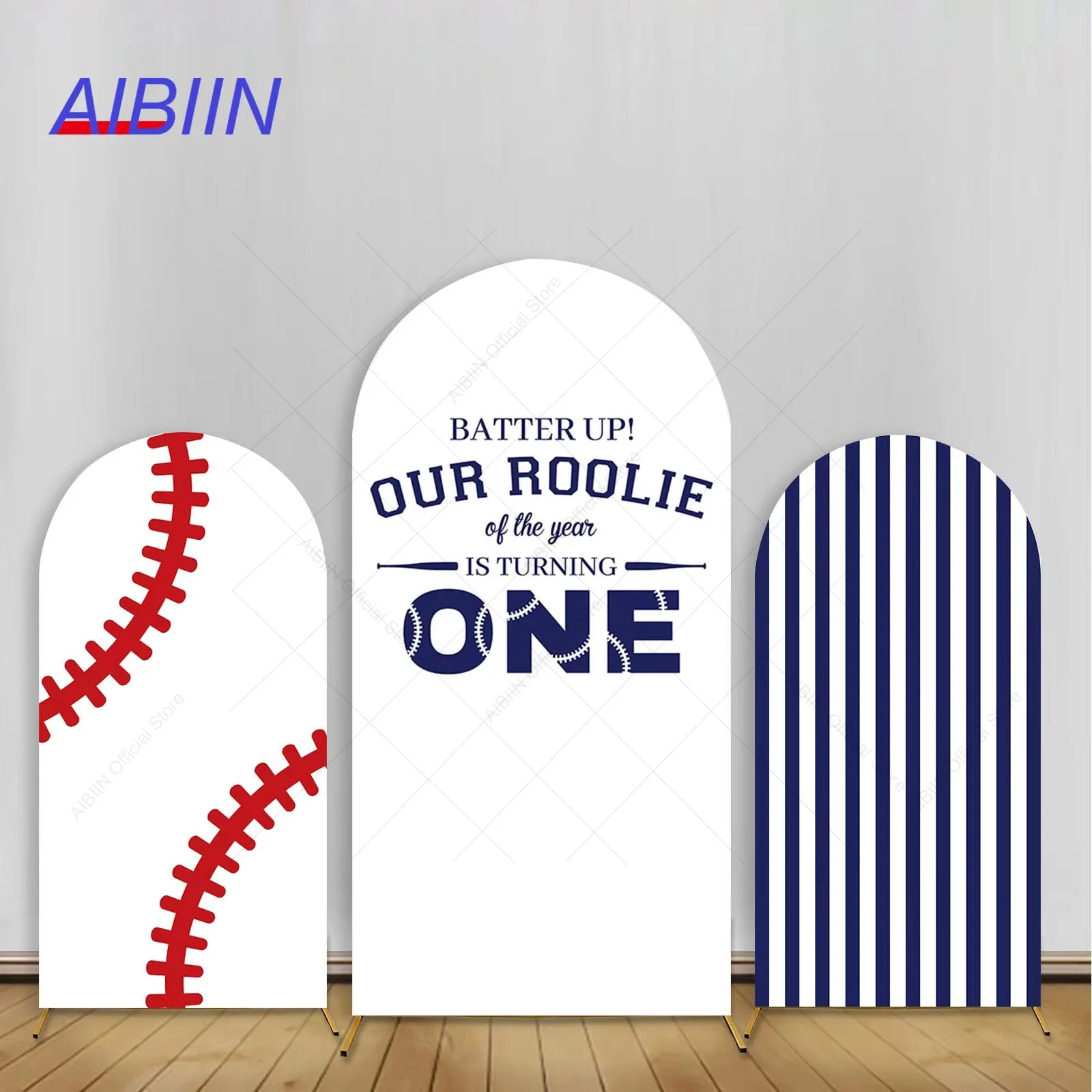 Baseball Arch Backdrop Cover Our Rookie is 1 Year Birthday Party Decor Blue Stripe Sports Boy Girl Cake Photography Background