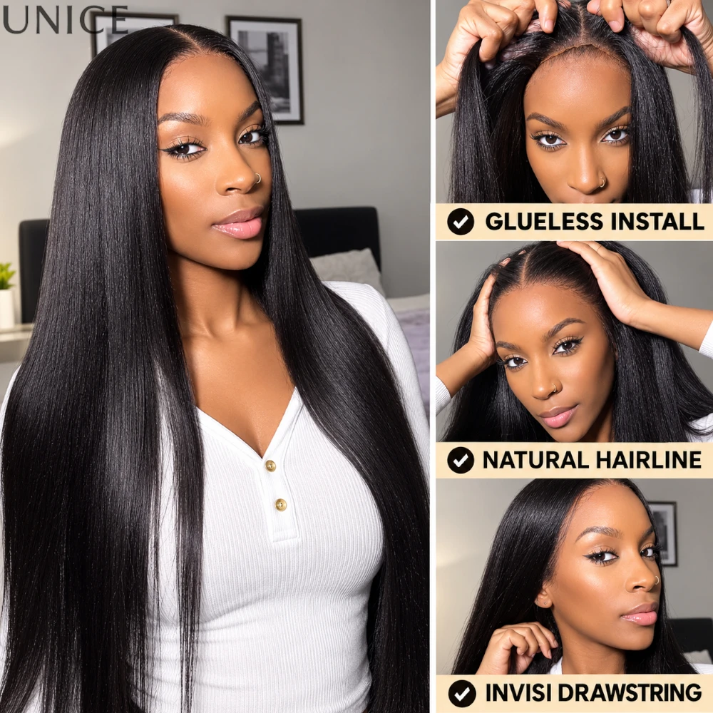 UNice Natural-Looking Yaki Straight Wig 180% Density 7x5 Lace Bye-Bye Slip™ Glueless Human Hair Wig With Drawstring