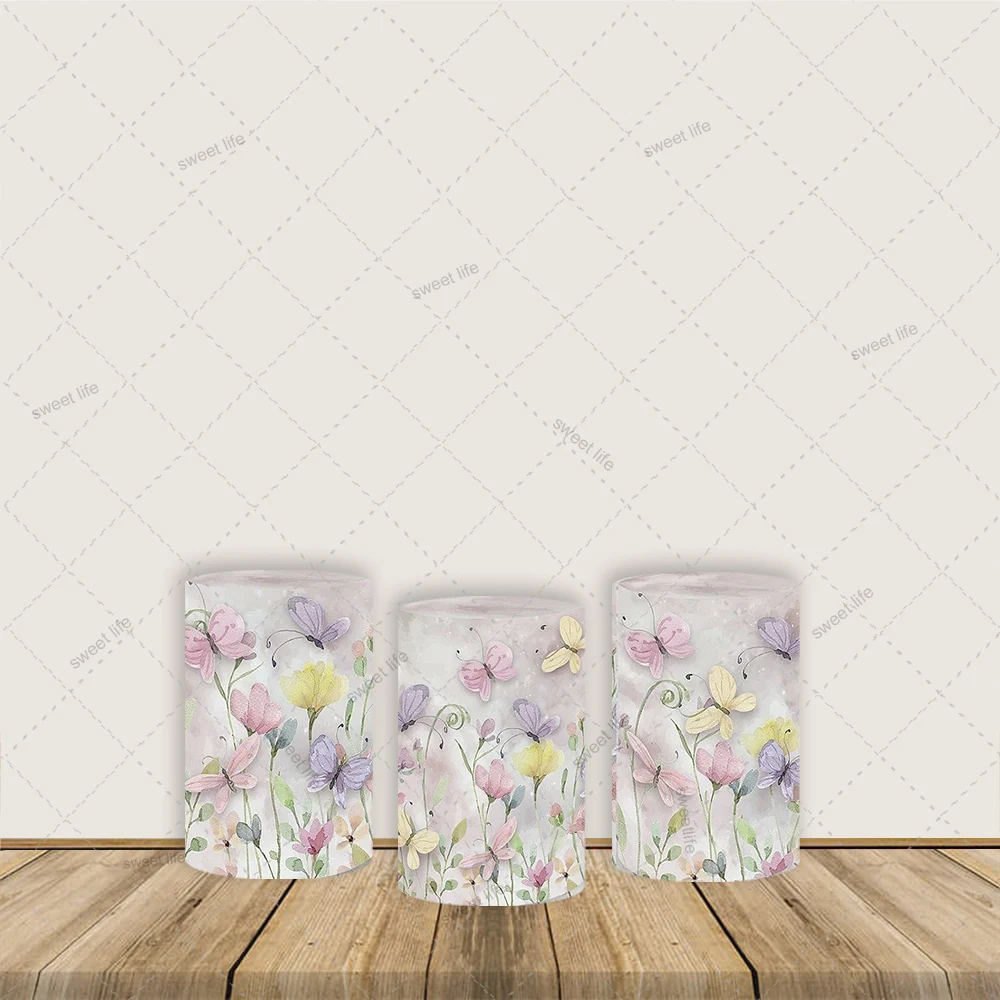 

Фон с бабочкой и цветком, цилиндр, чехол для девочек на день рождения, новорожденный, детский душ, вечерние украшения, чехлы на цилиндры