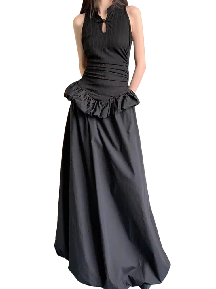 RORORIRI ネオ中国女性カットアウトタンクロングドレスノースリーブスリムストレッチリブニットスプライシングふわふわマキシドレス Grayu レトロ服