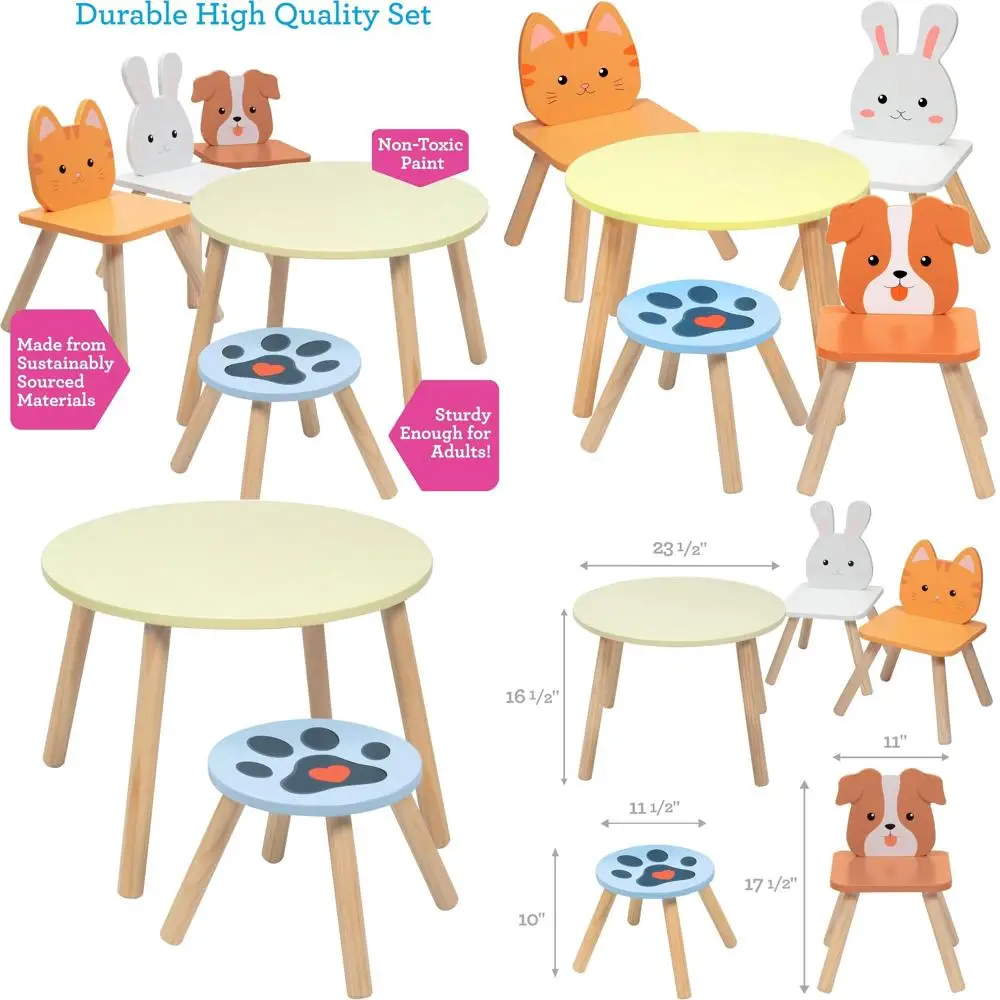 

Wooden Animal Play Table with 4 Chairs and Adult Stool for Kids Art, Dining, Play - Toddler Christmas Gift