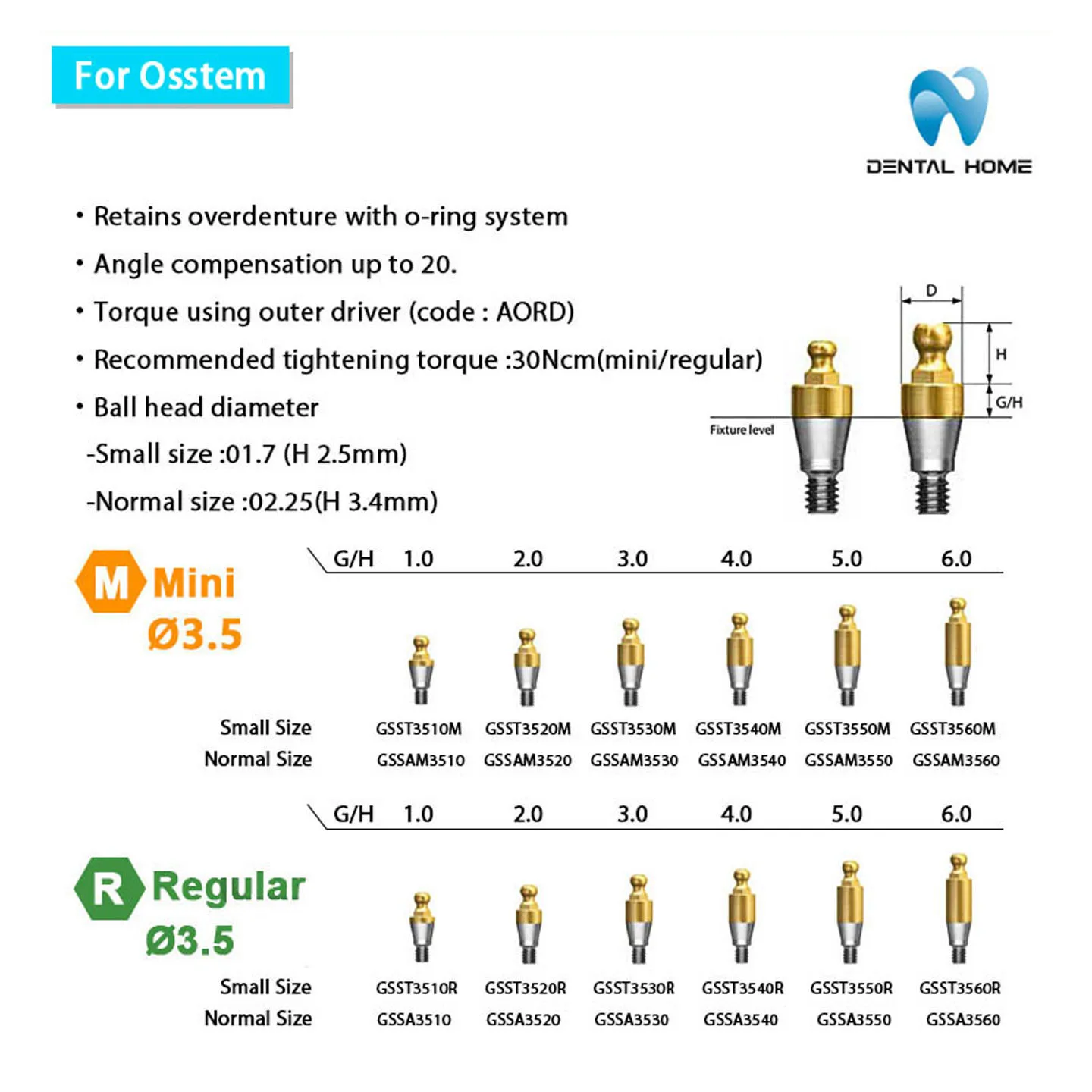 For Osstem Ball Abutment Dental Implant Screw Retained over Denture Ball Attachment for Osstem Implant