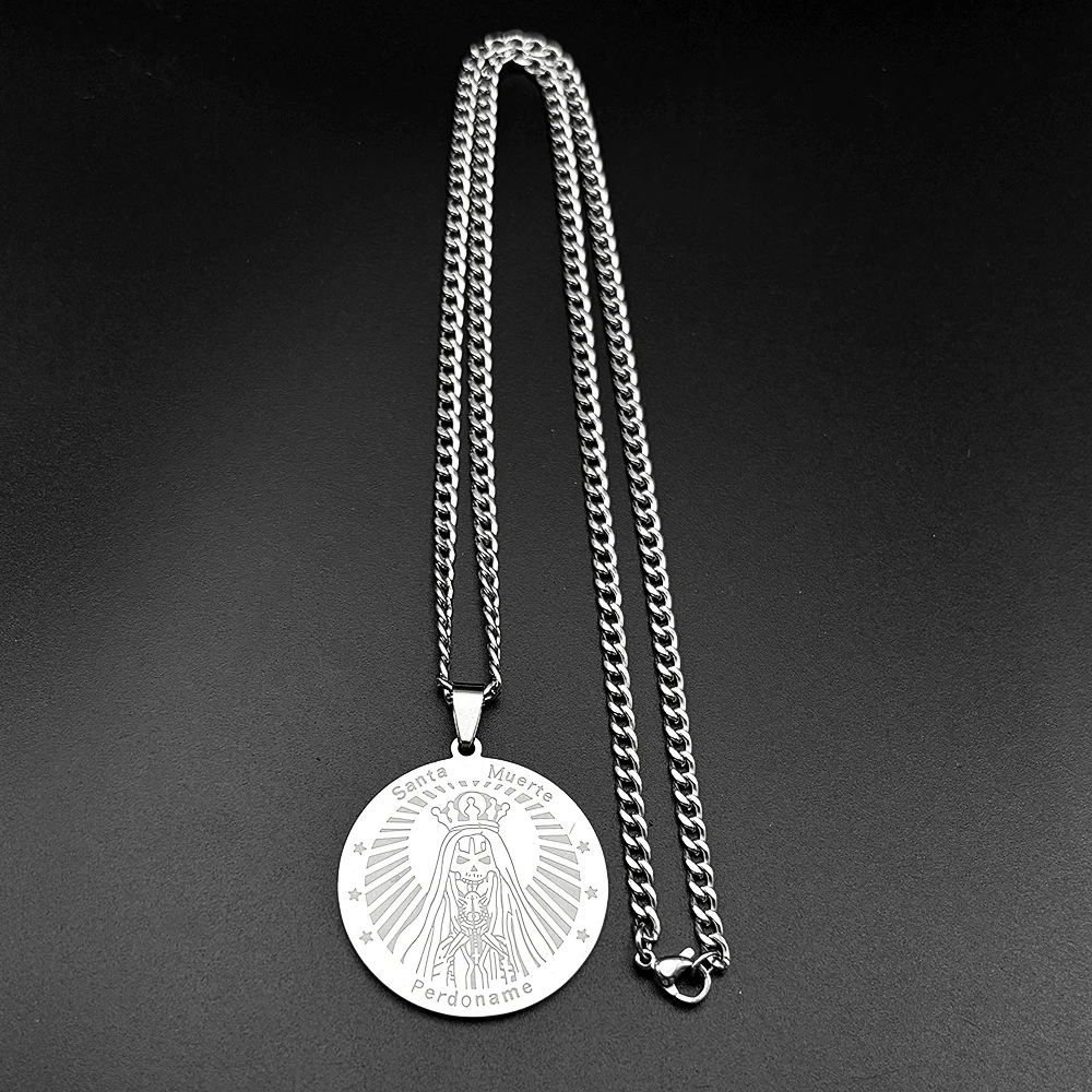 Mexikanische Santa Muerte Perdoname Anhänger Halskette für Frauen Männer Edelstahl Gold Farbe Schädel Stern Medaille Amulett Kette Schmuck – Detail 4