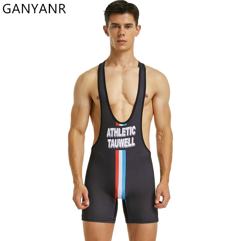 GANYANR Power Lifting Singlet Wrestling Men Sports Set Tracksuit Basketball Soccer Sweatsuit Boxing Sportswear Training Gym Suit