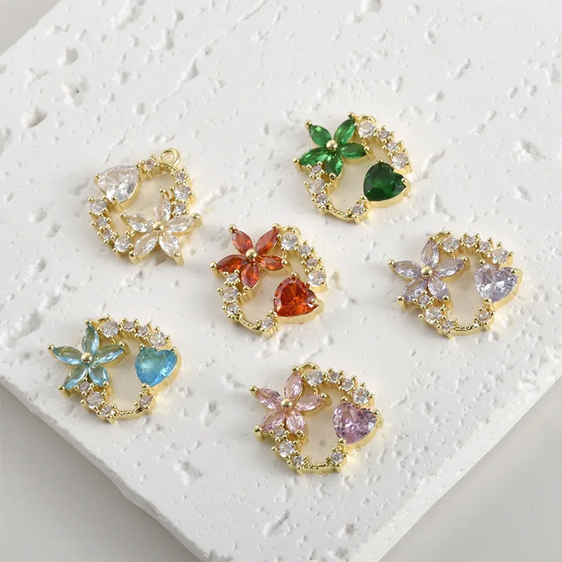 Copper-plated 14k Gold Color Retention Sparkling Zircon Flower Love Round Pendant DIY Bracelet Necklace Earrings Accessories
