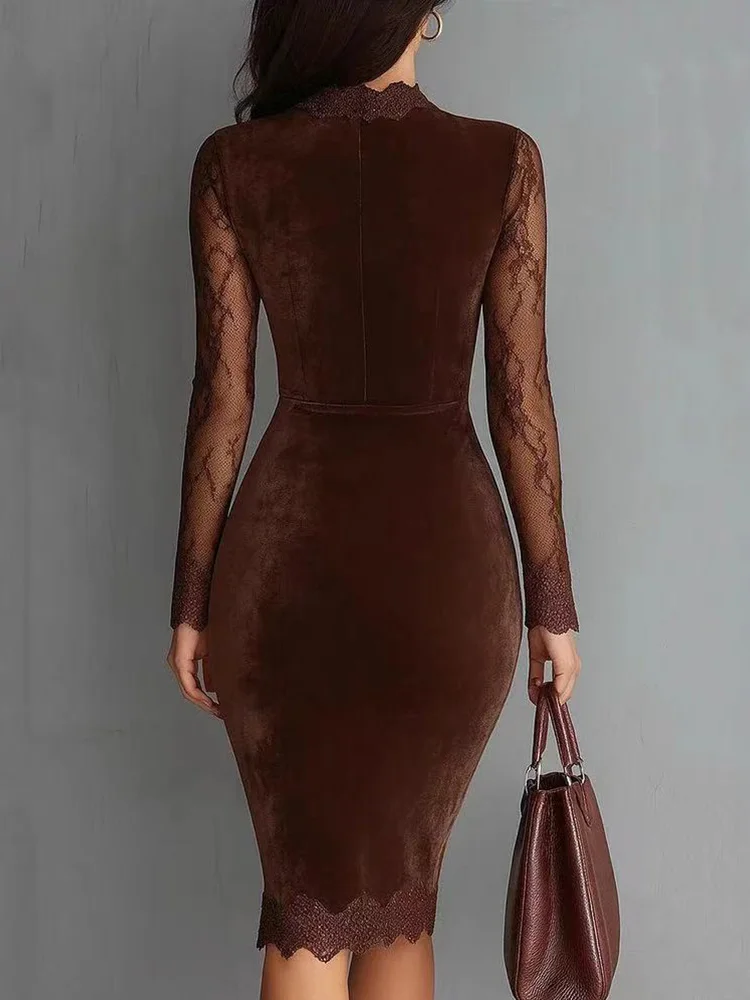 Women's V-Neck Lace Sheer Bodycon Dress Long Sleeve Sexy Transparent Casual Dress Waist A-Line Mid-Length Luxury Designer Dress
