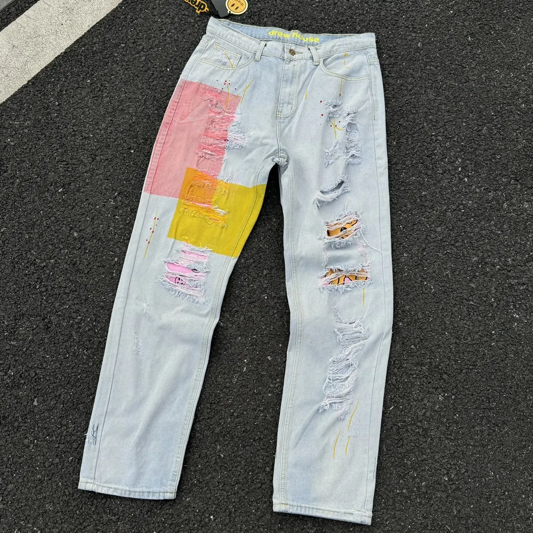 Drew House's Happy Face Denim Hole-Torn Sky Blue Men's and Women's Casual Straight Denim Pants