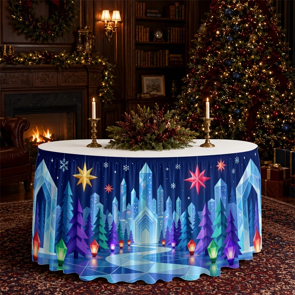 One table skirt. Winter wonderland table skirt with printed polyester for evening and holiday decoration at parties.