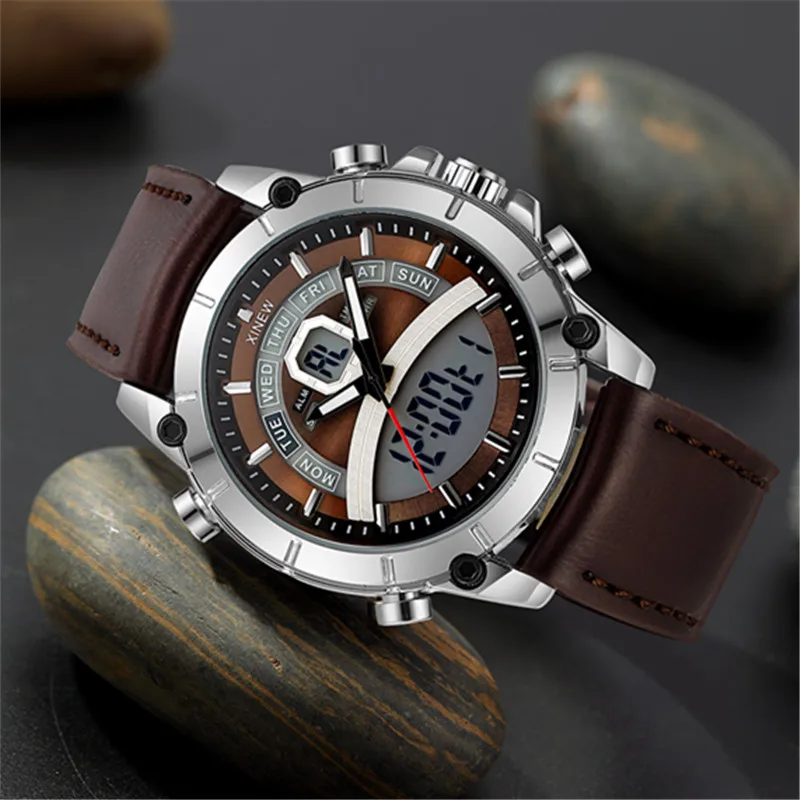 Men Famous XINEW Brand Chronograph Watches Boys Fashion Casual Leather Band Sports Military Multi-function Dual Time Watch Black