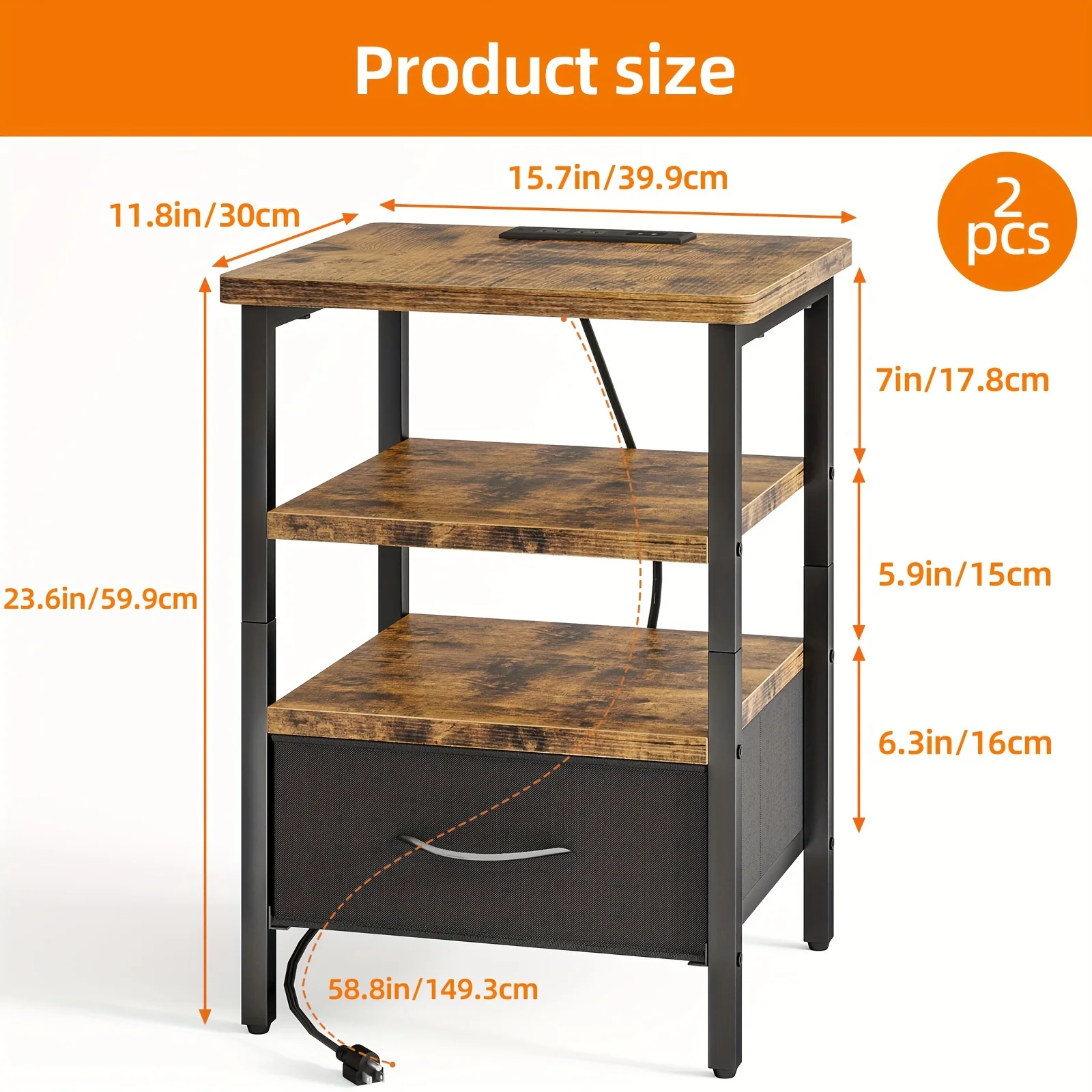 Table de nuit avec station de charge, table d'appoint de lit avec tissu réglable, meuble de rangement à 3 niveaux pour véhicule, 2 pièces