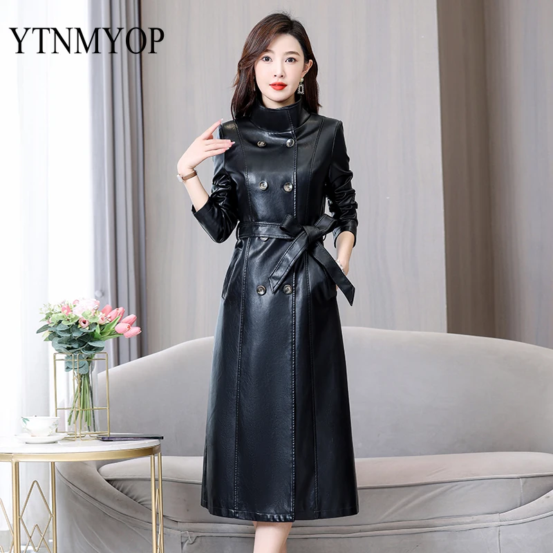 Long Trench High Quality Leather Jacket Women M-7XL X-Long Coat Belt Slim Fashion Mandarin Collar Faux Leather Clothing Outwear