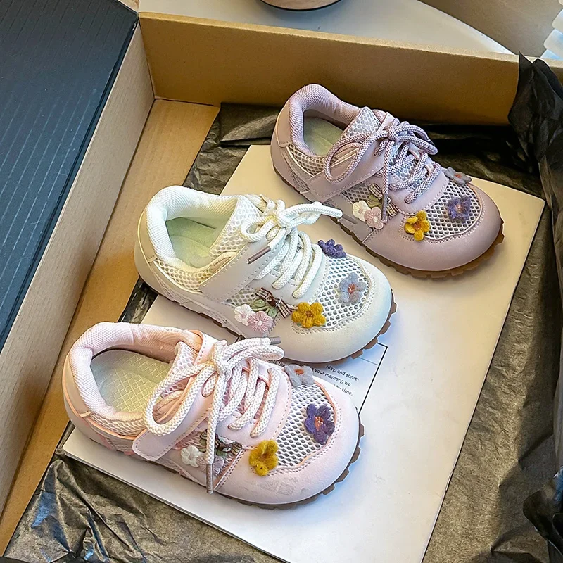 Girls'  New Style Sneakers Pink Cute Flower, Fashion Versatile Casual Shoes, Leather Upper, Non-Slip Soft Sole