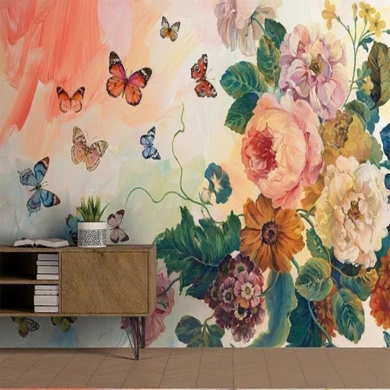 European And American Vintage Hand-Painted Floral Rose Butterfly Watercolor Oil Painting Mural Countryside Style Background Wall