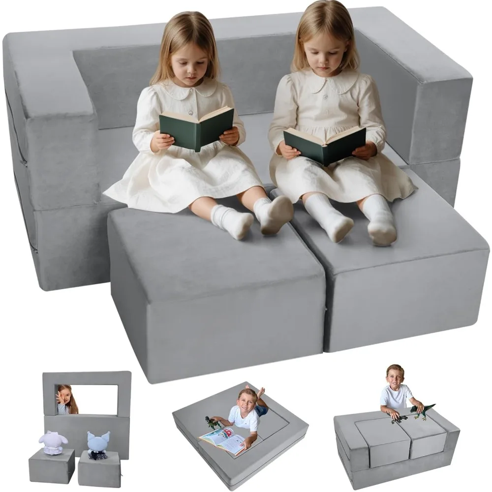 

Modular Kids Sofa,Toddler Play Couch Fold Out for Playroom, Grey Convertible Plush Foam Chair for Childrens