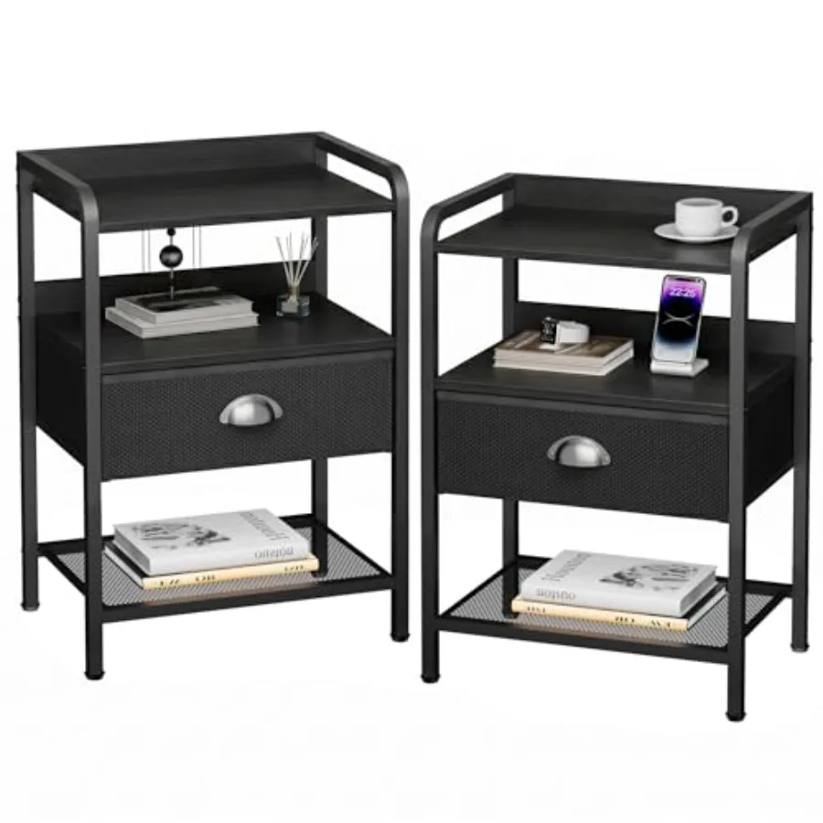 Nightstand Set 2, Bedside Table with 1 Fabric Drawer, Open Mesh Shelf, End Table Side Table with Storage Drawer Dresser, Wear-R