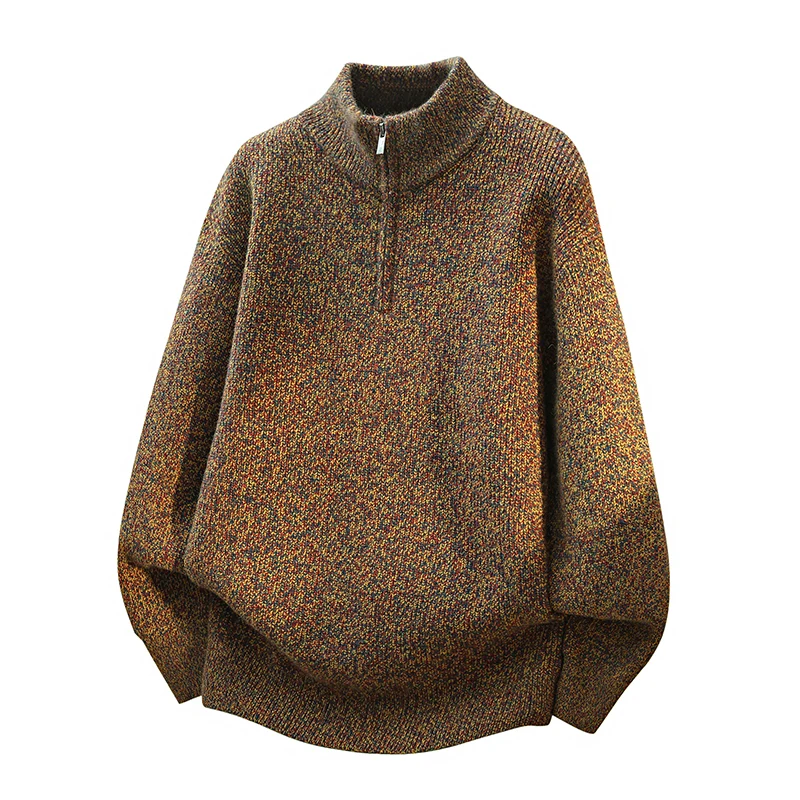 

Мужской утепленный вязаный свитер на молнии с высоким воротником, свободного кроя, для осени и зимы, теплый шерстяной свитер для ношения под одеждой