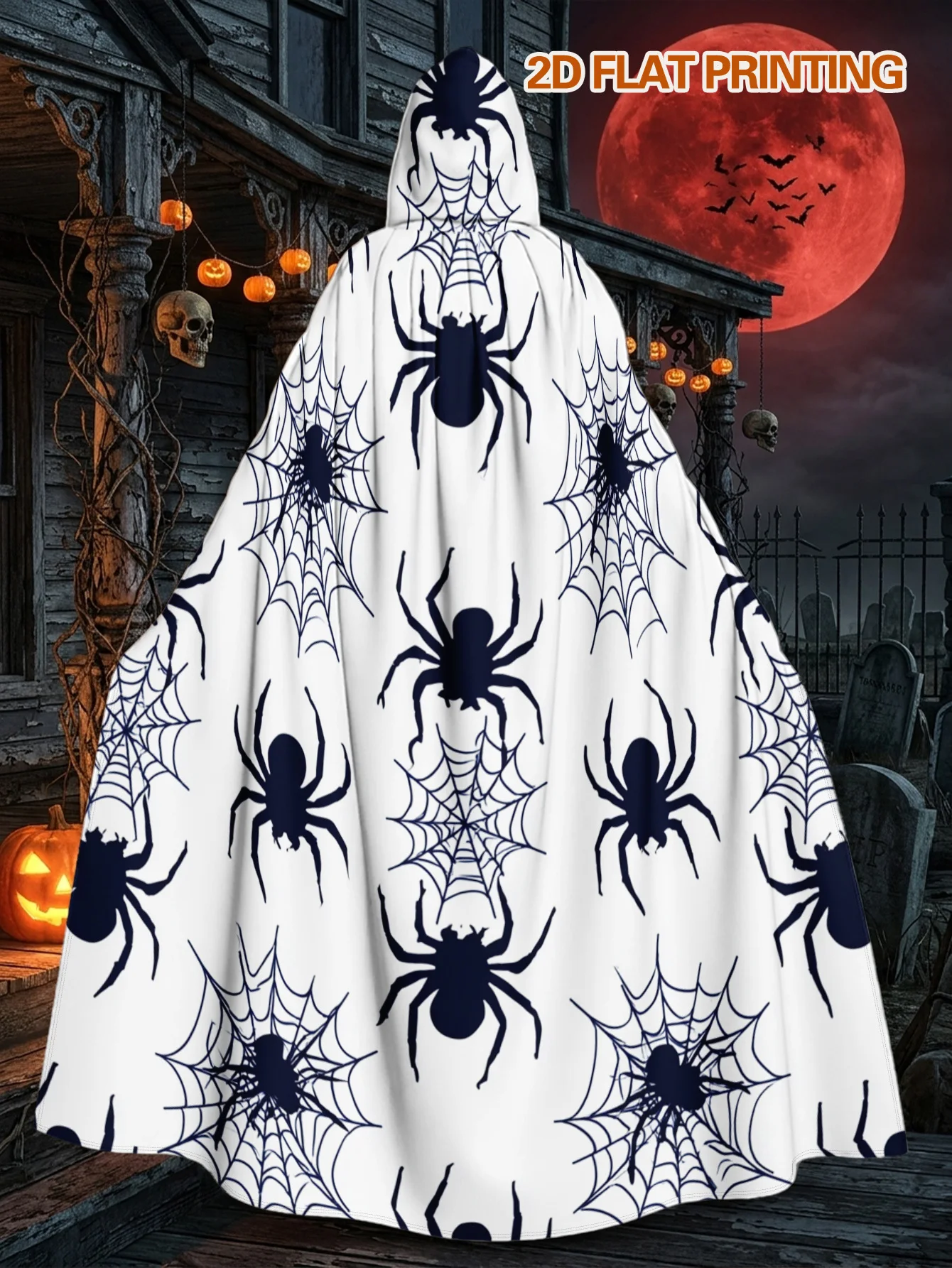 Customization 1pc, Hooded Polyester Cape With Black Spiders And Webs Pattern Design, Long Adult Costume Cloak For Halloween And
