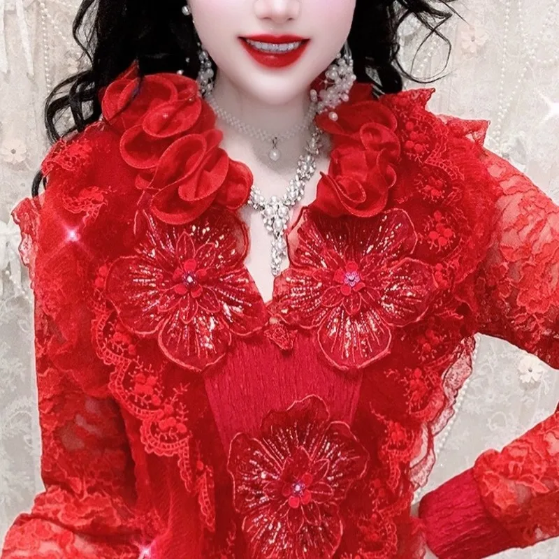 

Изысканное кружево с вышивкой пайетками в виде цветов и роз, тонкое, в иностранном стиле, с длинными рукавами, новинка