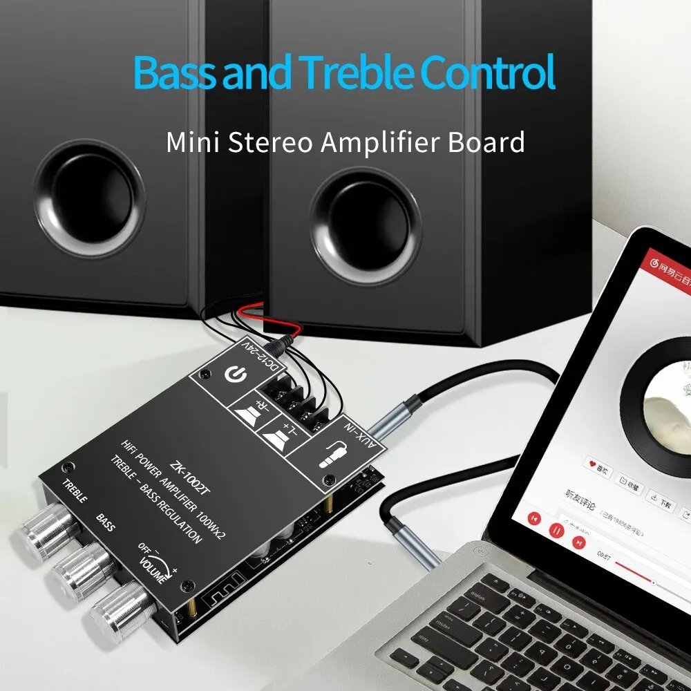 ZK-1002T Bluetooth-Compatible Amplifier HIFI 2.0 Channel 100Wx2 Audio Module Stereo Subwoofer Speaker Treble Bass Accessory