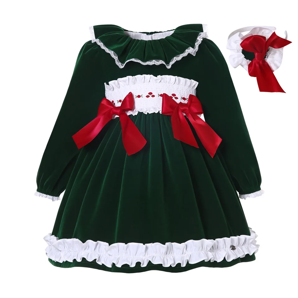 Pettigirl Autumn Christmas Green Velvet Smocked Bow Dresses for Girls Kids Children Toddlers Baby Clothes Matching Outfits