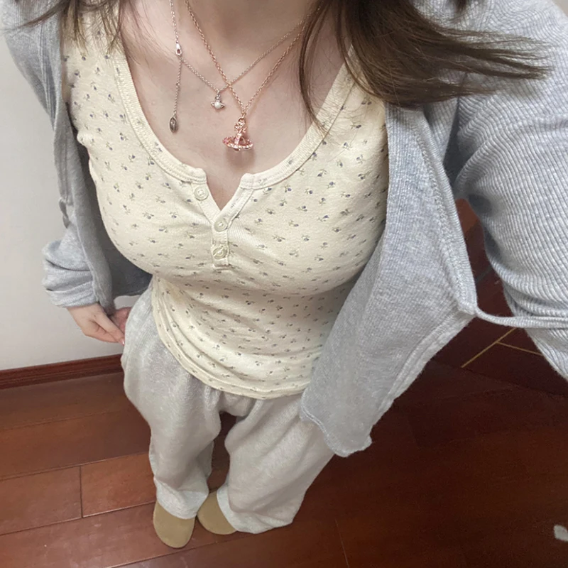 Summer Women Retro Floral U Neck Buttons Short Sleeve T-shirt Hottie Slim Crop Top