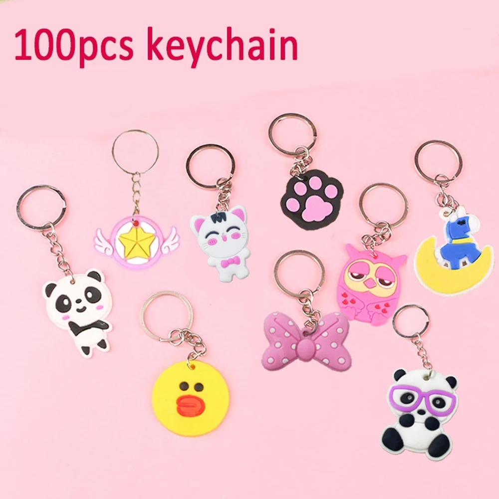 100pcs Cartoon Keychain for Kids Party Favors Gift Mini Cute Keyring for Classroom Prizes Birthday Christmas Goodie Bag Stuffers