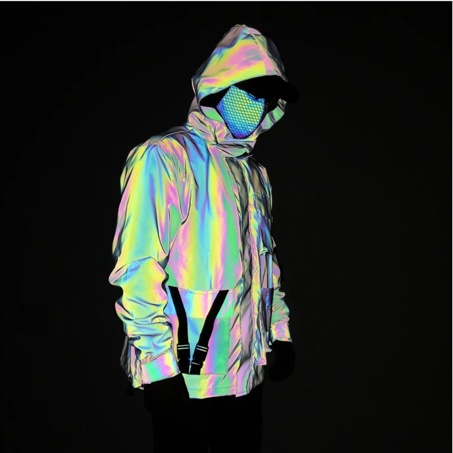

2025 Men Reflective Rainbow Gradient Jacket Waterproof Windproof Oversized Hooded Coat Multi-Pocket Colorful Spring Autumn