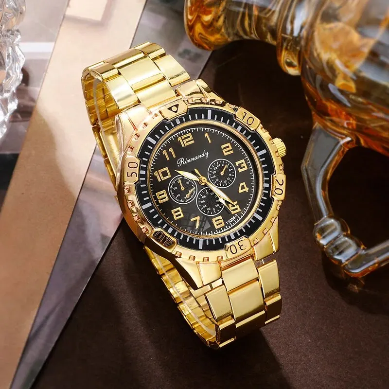 ساعة ذهبية فاخرة للنساء خاتم وقرط وحجر الراين ساعة يد عصرية غير رسمية للسيدات