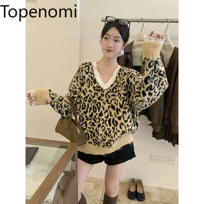 Topenomi Vintage Lace Patchwork V Neck Leopard Sweater Women Autumn Winter Loose Long Sleeve Pullover Casual Street Knitted Tops