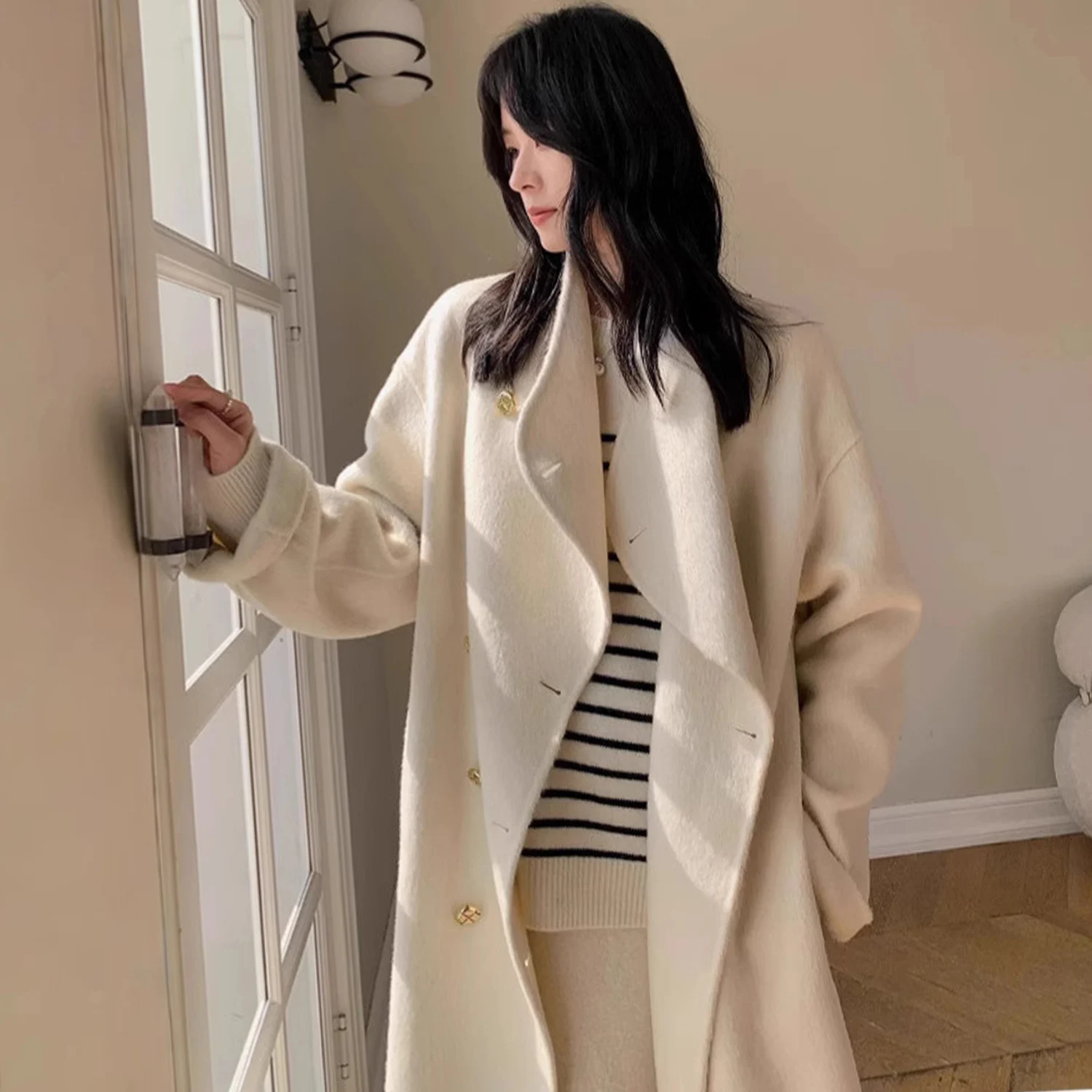 

Allingentle Ivory Women's Long Blazer Woolen Fashion Jacket Warm Coat for Cocktail Party Daily Outfits Customize