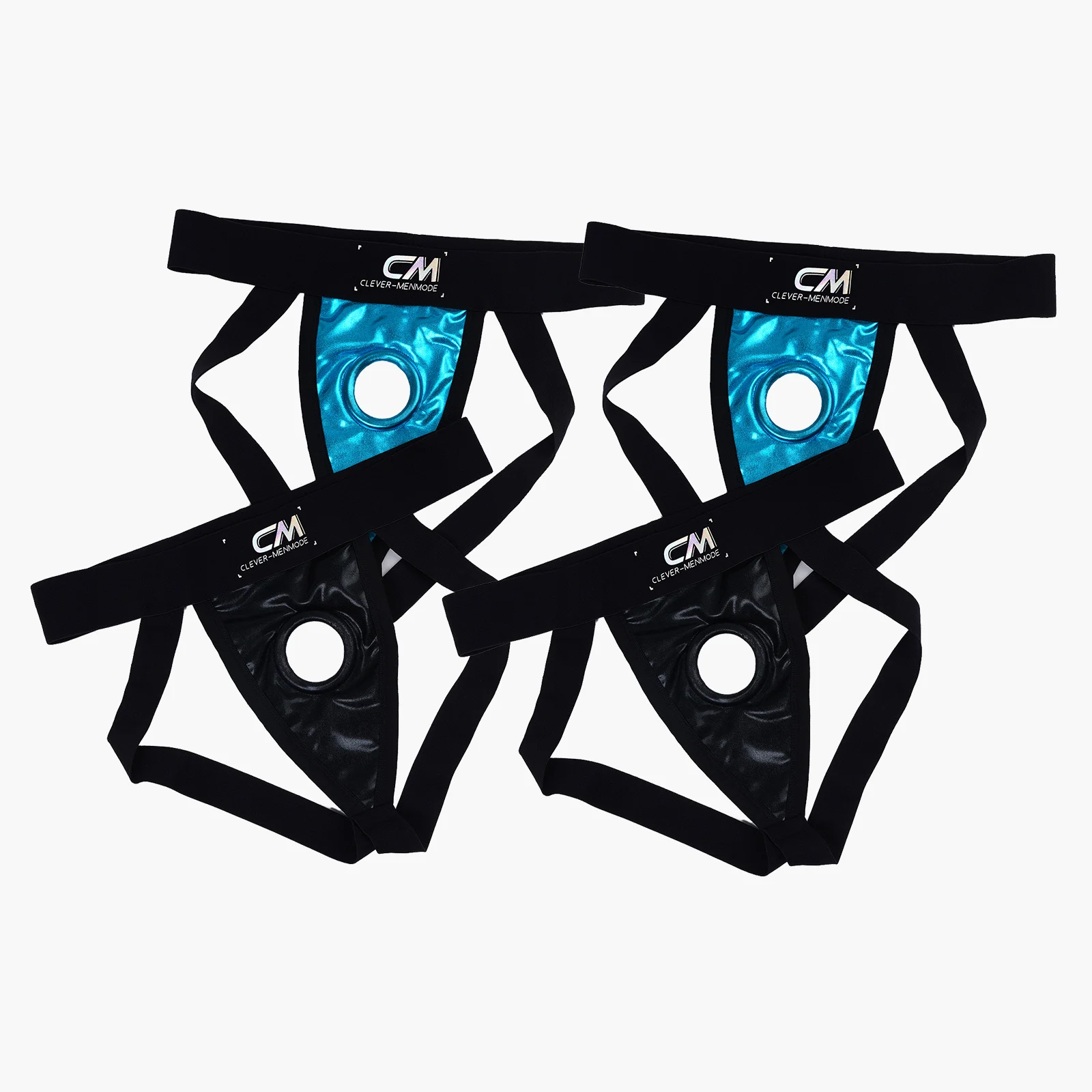 

4 x Pack Jockstrap Men Cock Hole Silicone Ring Faux Leather Shiny PU Sexy Underwear Wide Waistband U Pouch Nightclub Underpants