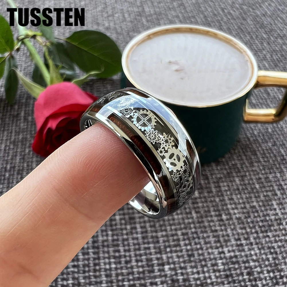 Dropshipping TUSSTEN 10MM Homens Mulheres Anel de Engrenagem Legal Banda de Casamento de Tungstênio Acabamento Abóbado Com Instrumento de Madeira Conforto Ajuste