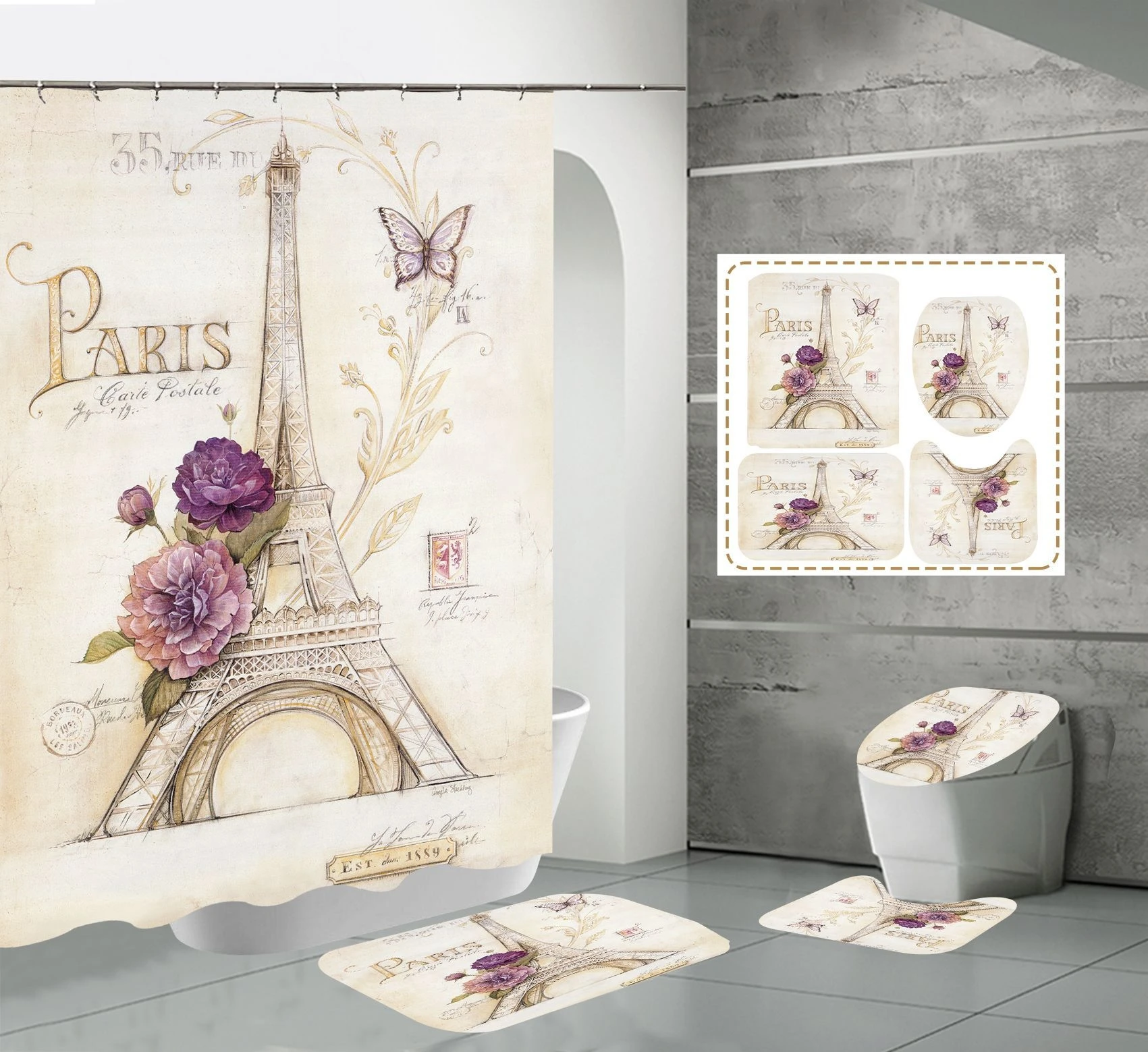 Vintage Eiffel Tower Paris Scenery with Flower Butterfly Shower Curtain Set Waterproof Bath Curtains Non-Slip Rugs Toilet Cover