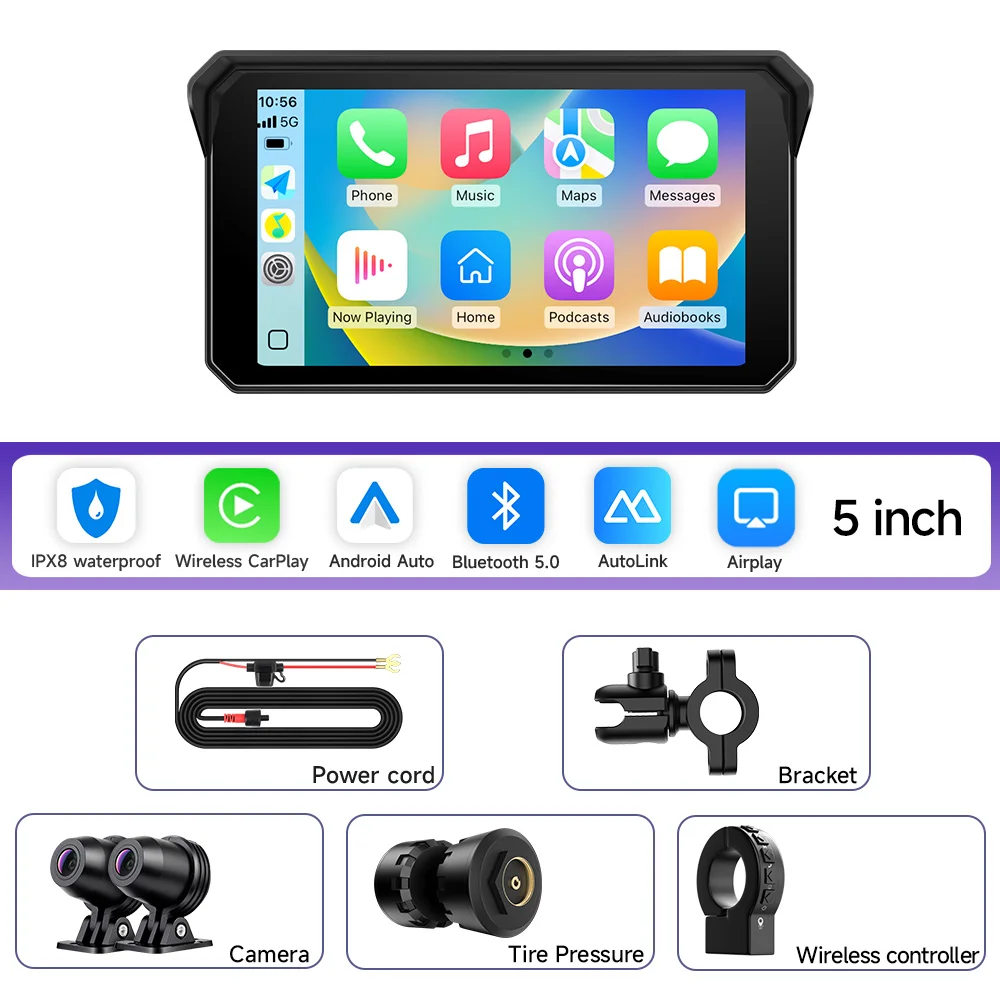 JIUYIN 5 inch draadloze CarPlay Moto Android Auto draagbare digitale motorfiets dashboard GPS motorfiets navigatie display scherm