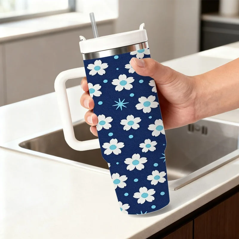 40Oz Stainless Steel Insulated Tumbler, Delicate White Flower with Light Blue Center Digital Print Design, Leakproof Thermal Cup for Keeping Drinks Hot Or Cold, Ideal for Daily Commute, Outdoor Trips And Office Use