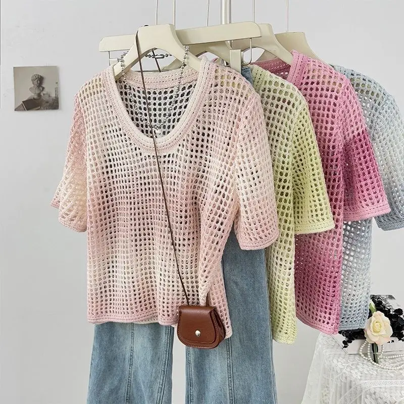 

Gradual Change Color Grid Hollow Short-sleeved T-shirt Women's Spring 2025 Foreign Style Sweet Overlay Top Hollow Out Tees