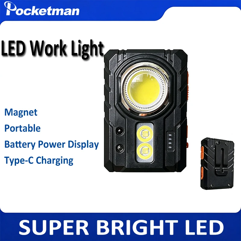 Magnetic COB Work Light USB-C Rechargeable Clip-on Portable LED Flashlight with Power Display for Car Maintenance Camping