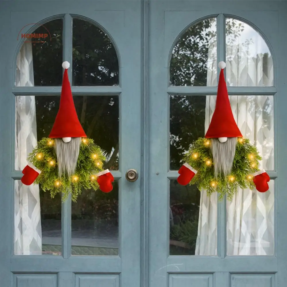 

Delicate Luminous Christmas Santa Garland Artificial Branches Long Hat Glowing Gnome Wreath Faceless Doll Hanging Ornament Bar