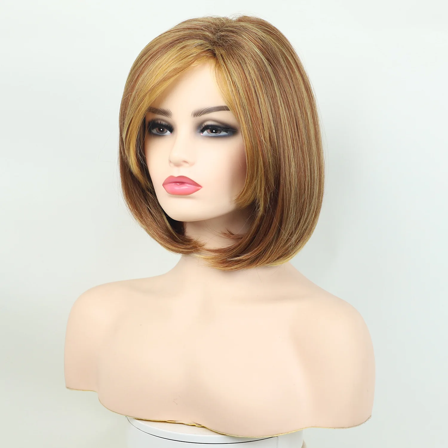 Elegant Light Brown Bob Wig with Blonde Highlights, Shoulder-Length Straight Hair for Women