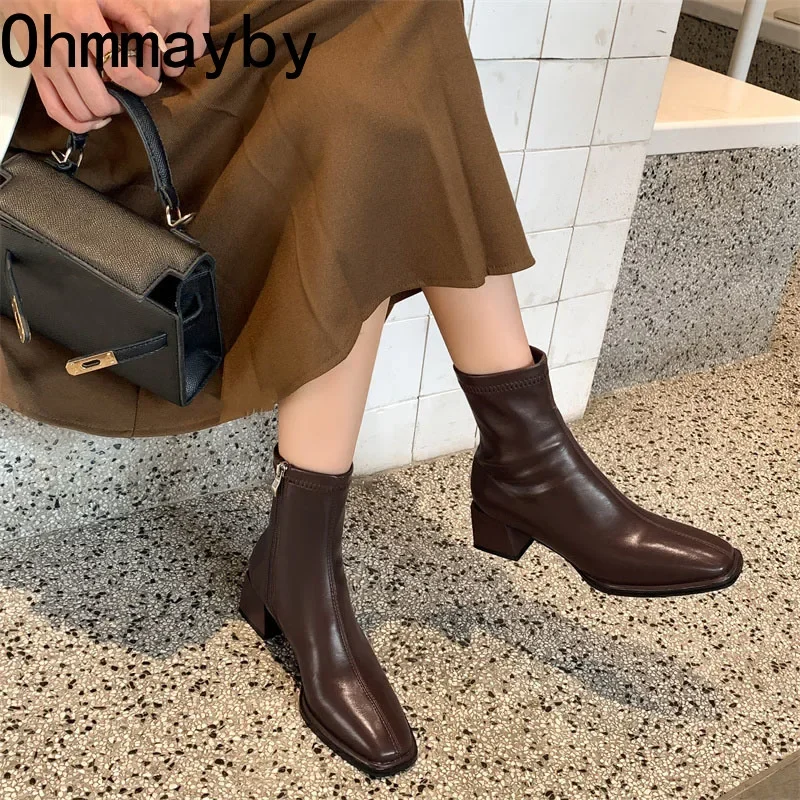 High Quality Soft PU Leather Women Ankle Boots Square Toe Square Heel Short Boots 2024 Autumn Winter Women Shoes Chelsea Boots