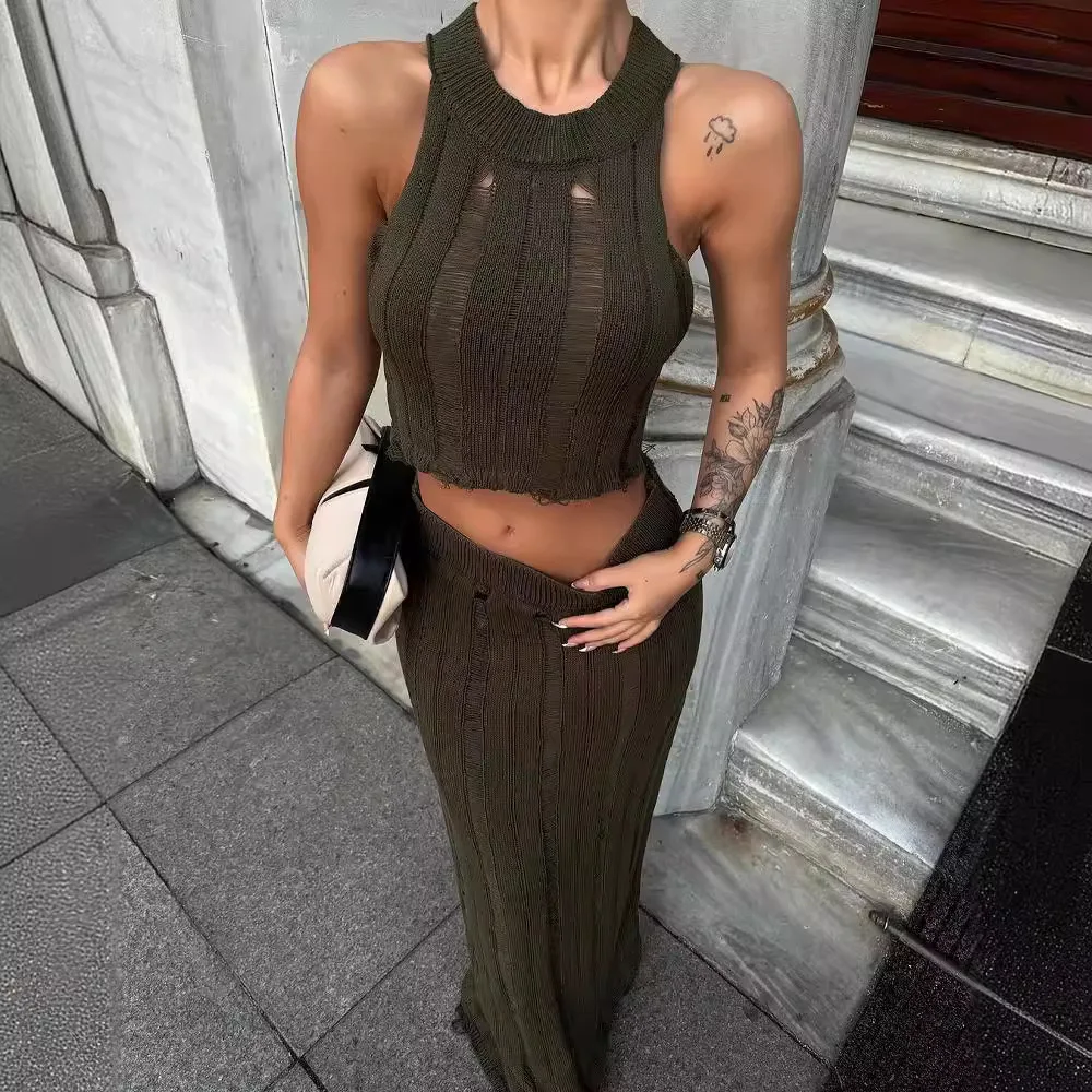 

DSMTRC Woman Summer Holiday Matching Sets Knitted Striped Crop Top+Beach Hight Waist Long Skirt Suits 2025 Sexy See-through