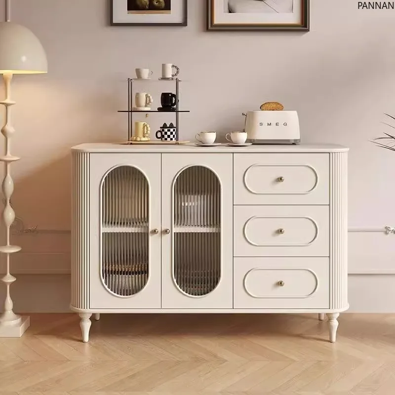 

Retro solid wood restaurant side cabinet, American style entrance cabinet, birch wood wall storage, rounded corner side cabinet