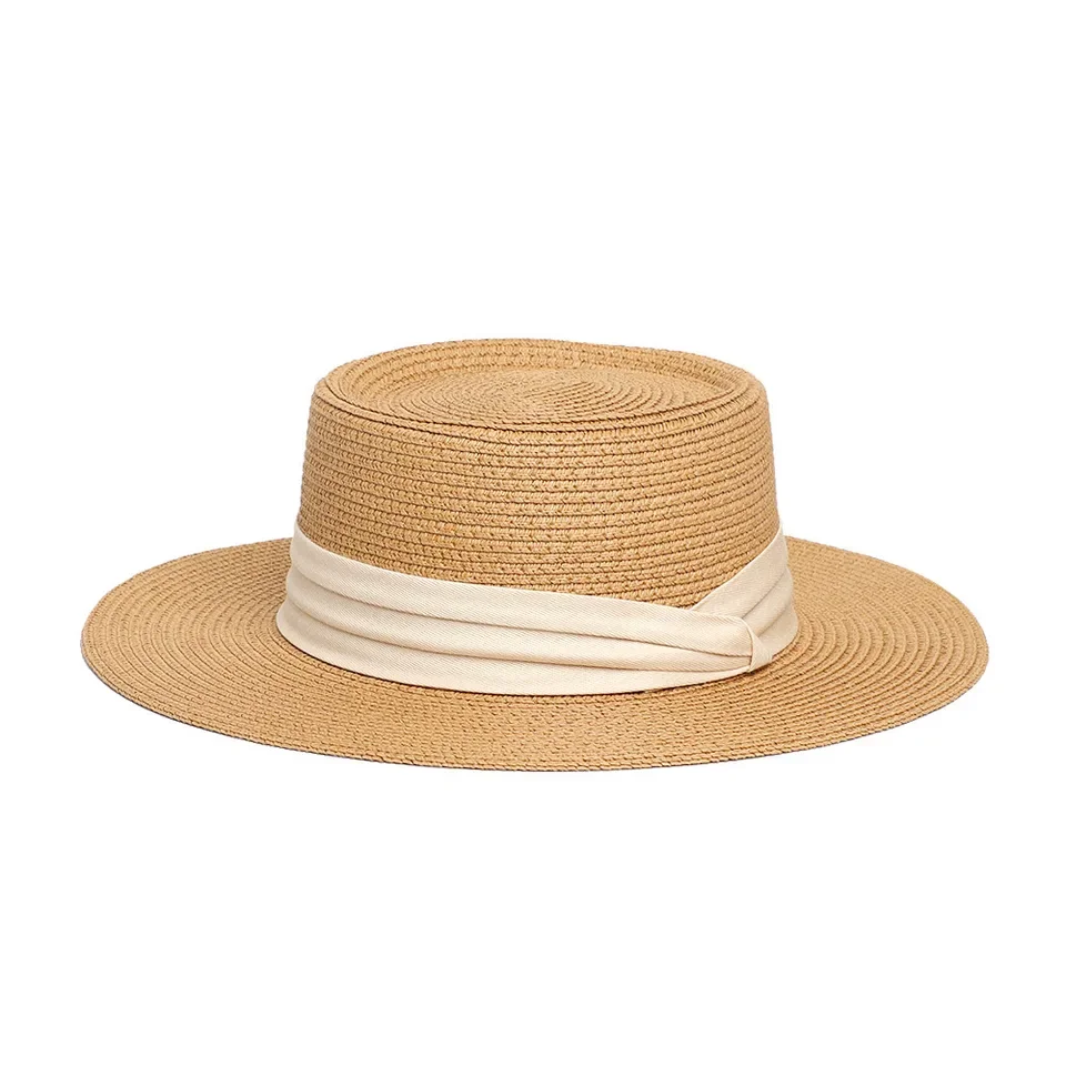 

2025 New French Flat Top Straw Hat for Women, Wide Brim Beach Hat, Large Head Size, Summer Braided screen Vacation Cap